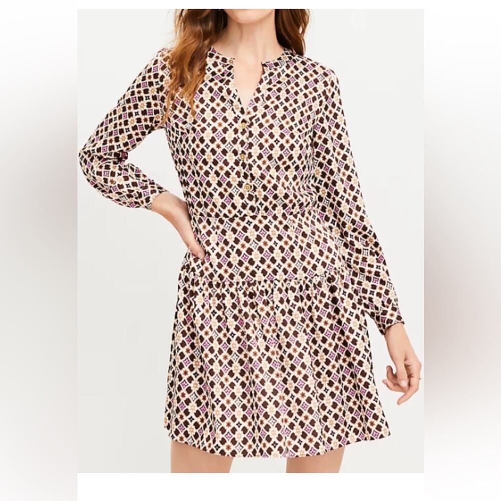 LOFT Brown & Pink Satin Geometric Pattern Long Sleeve Dress w/ Gold Buttons Sz.4